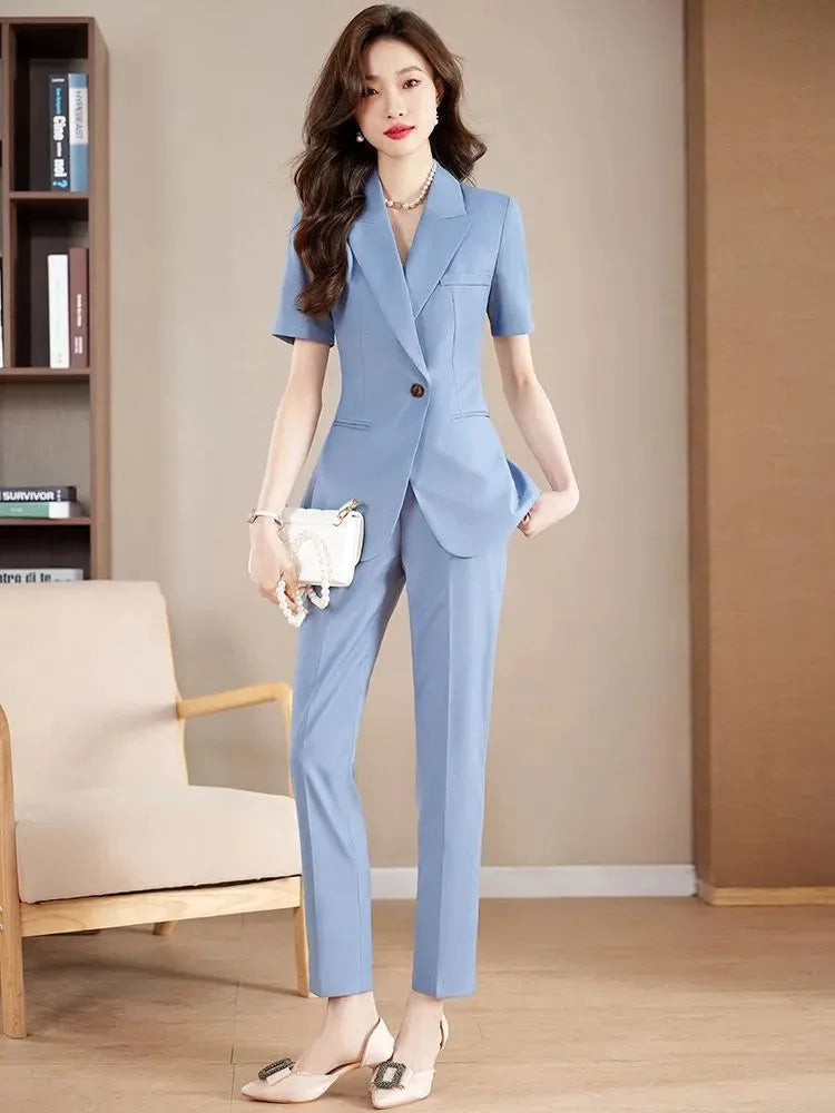 Trajes formales de mujer, conjuntos de 2 piezas, elegantes, cárdigan de manga corta, conjuntos de tops, pantalones lápiz de cintura alta para verano, conjuntos OL