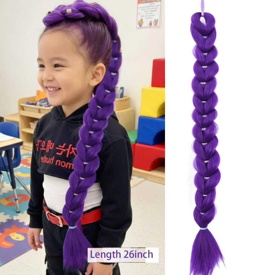 Synthetic Braided Purple Hair Ponytail Rumi Costume Hairstyle Long Ponytail with Rubber band and Clips for Kids Girls Christmas