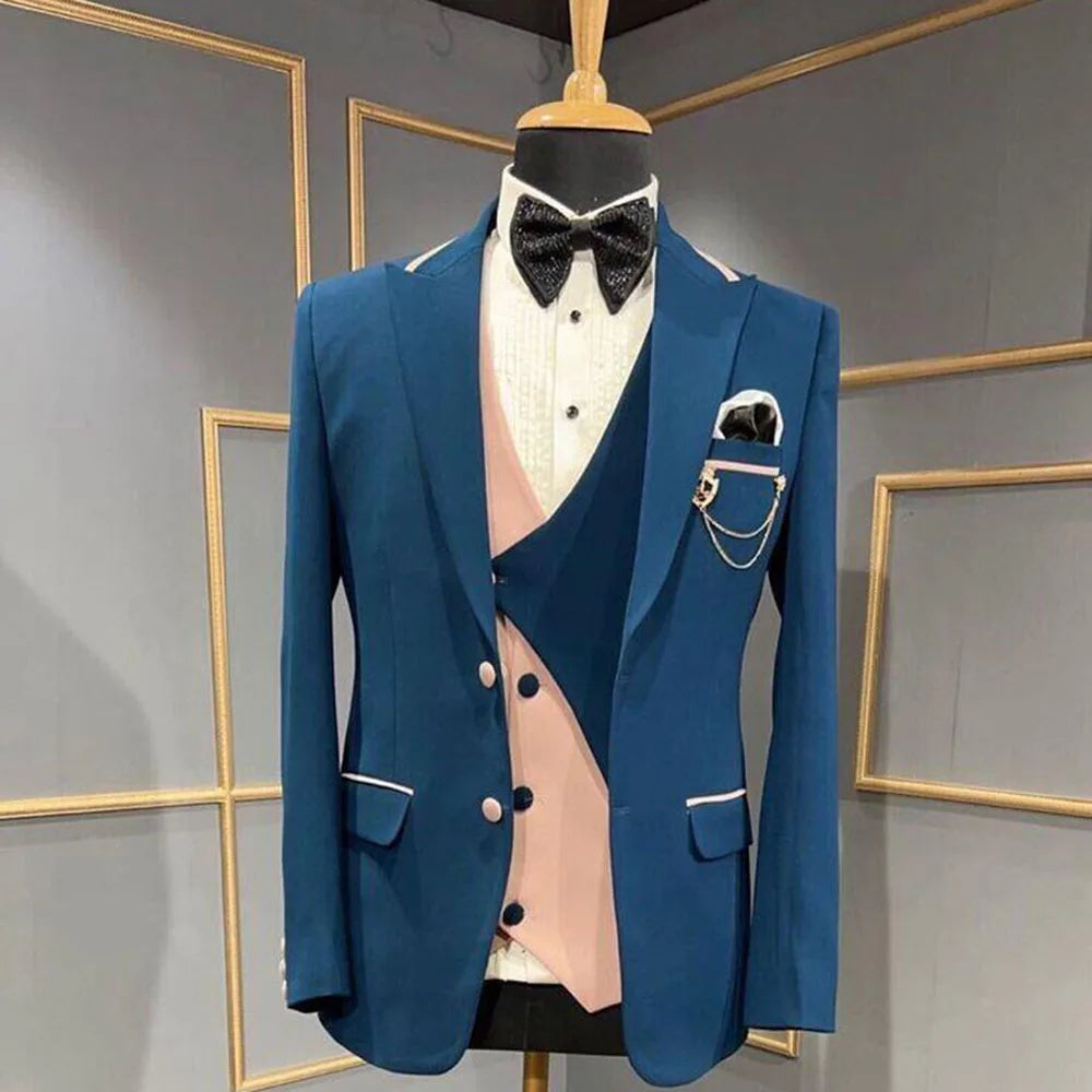 Design Men Suits Blue Pink Peak Lapel 3 Pieces Jacket Pant Vest High Quality Single Breasted Male Clothing Classic Simple