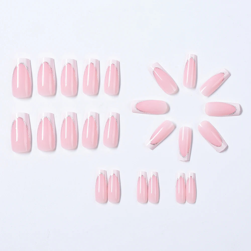 24 Pcs Uñas postizas cuadradas cortas estilo ataúd, uñas postizas francesas con brillo, uñas acrílicas de cubierta completa para mujer, puntas de uñas a presión tipo ballet