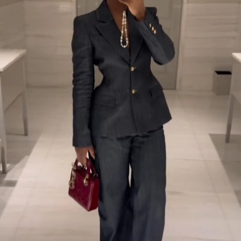 Elegante conjunto de 3 piezas de blazer de mezclilla, pantalón largo para mujer, chaqueta de traje de primavera de un solo botón, chaleco chic con cuello en V, trajes de pantalón de pierna ancha