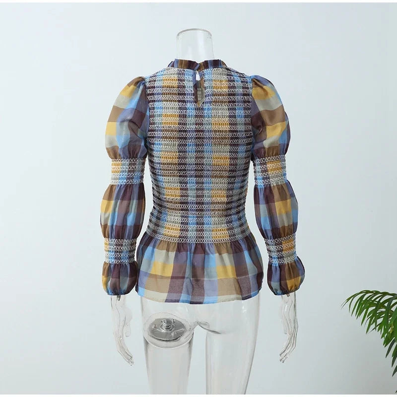Tops para mujer Vintage a cuadros, elástico, plisado, camiseta informal con cuello redondo, manga larga, dobladillo con volantes, Top, primavera, elegante, para mujer, ropa de calle