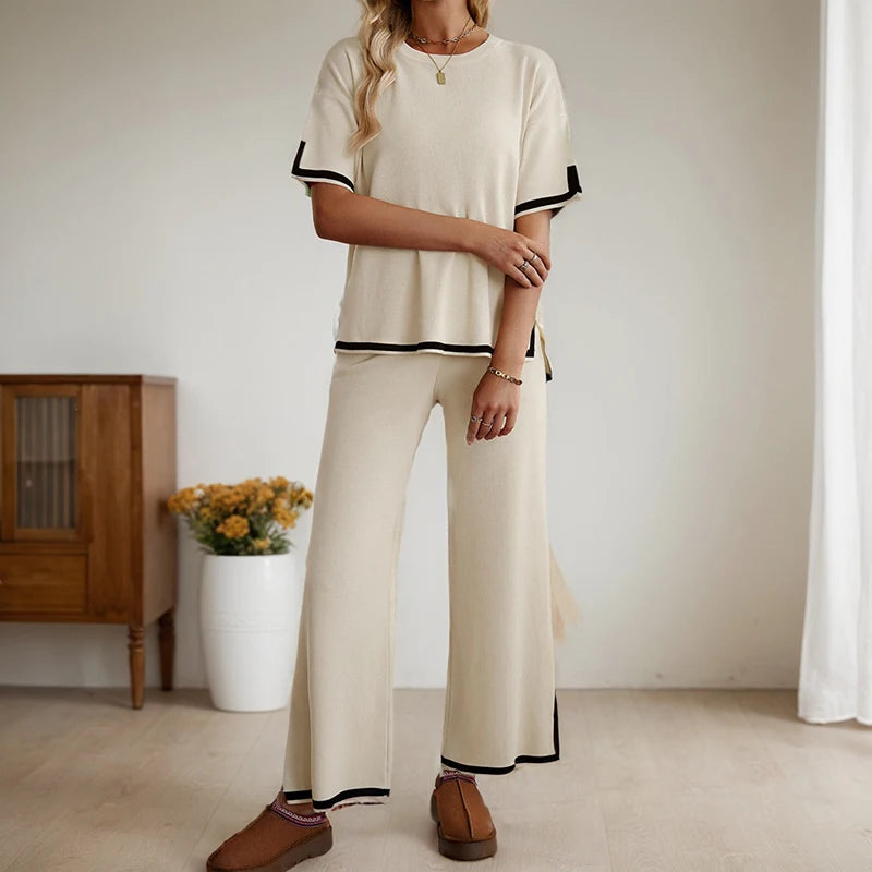 Conjunto de dos piezas de ropa de mujer, moda primavera verano, informal, cuello redondo, blusa de manga corta, pantalones de pierna ancha a juego