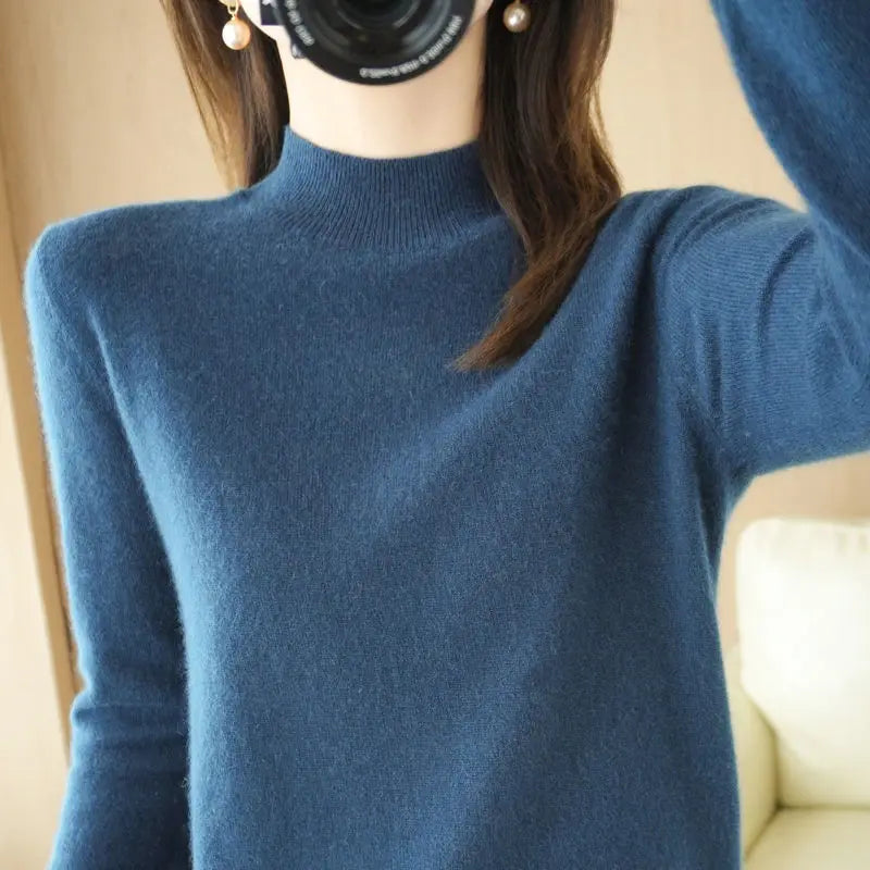 Suéter de mujer otoño invierno, camisas base cálidas casuales, cuello simulado, tejido básico, jerséis de manga larga, moda coreana