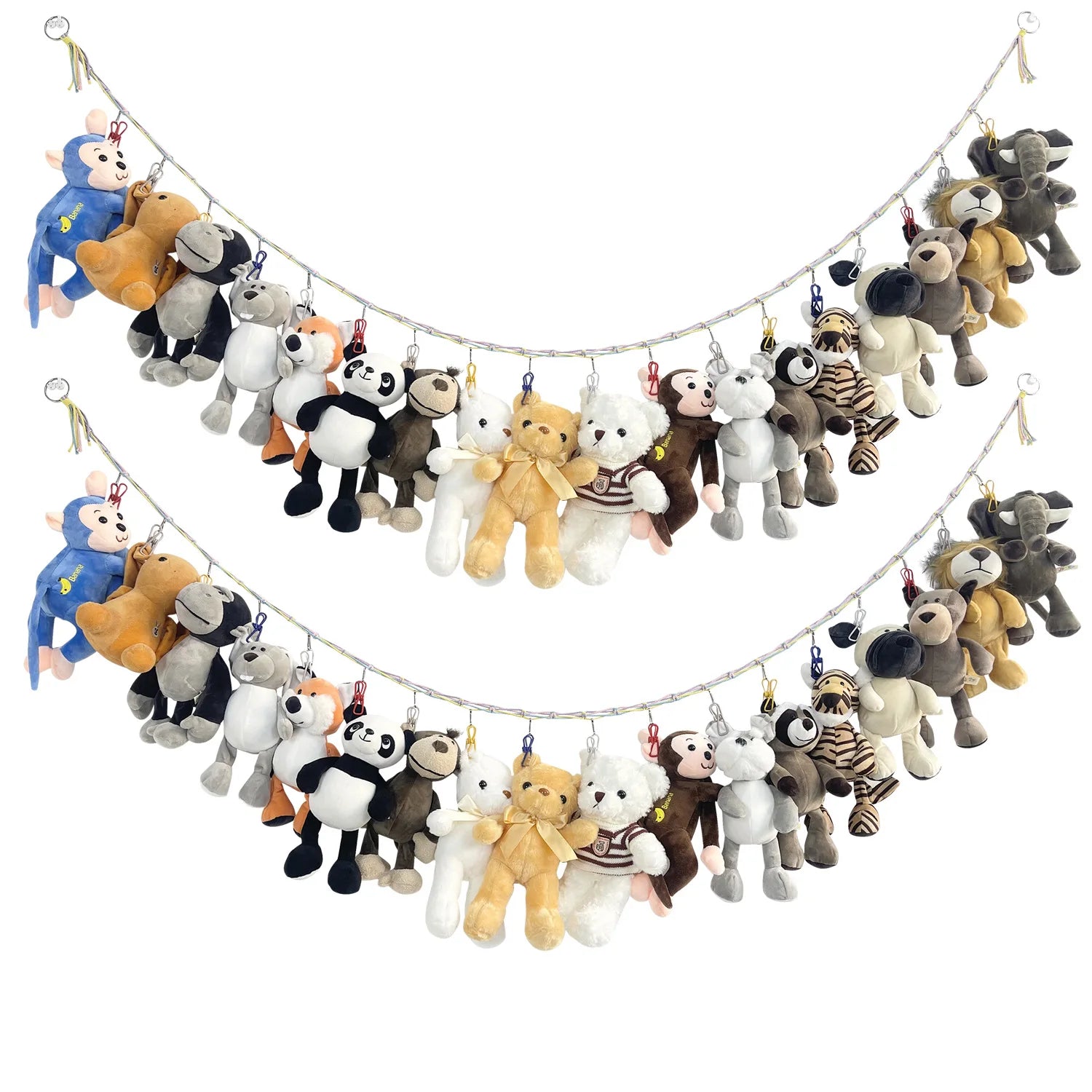 Expositor de juguetes de peluche con 20 clips, cadena de almacenamiento de macramé bohemio para colgar en la pared para decoración de dormitorio, guardería, sala de juegos