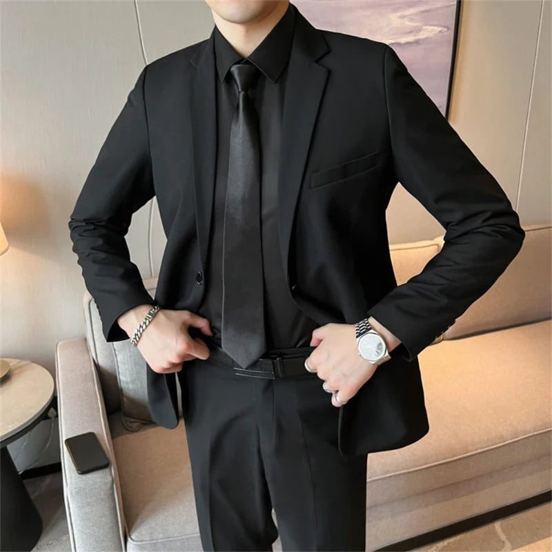 Trajes para Hombre Moda Coreana Manga Larga Ajustado Boda Negocios Blazer Negro Profesional Formal Conjuntos de Pantalones Ropa Hombre