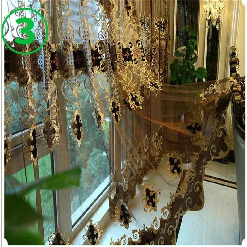 Cortinas de chenilla de terciopelo marrón y dorado