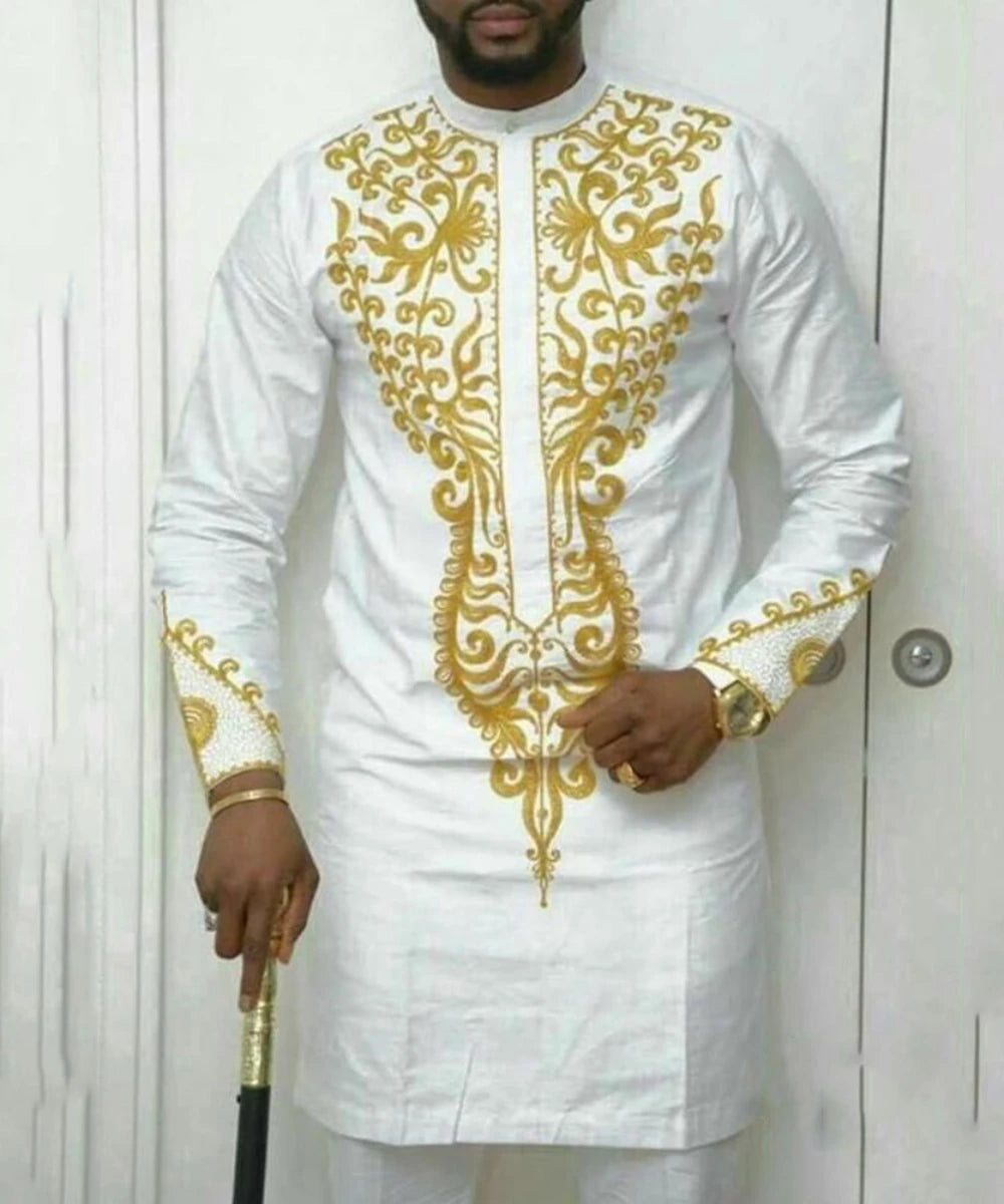 Conjuntos de camisas bordadas para hombres africanos África Manga larga Cuello redondo Top Pantalones Dos piezas Traje tradicional étnico de fiesta de boda