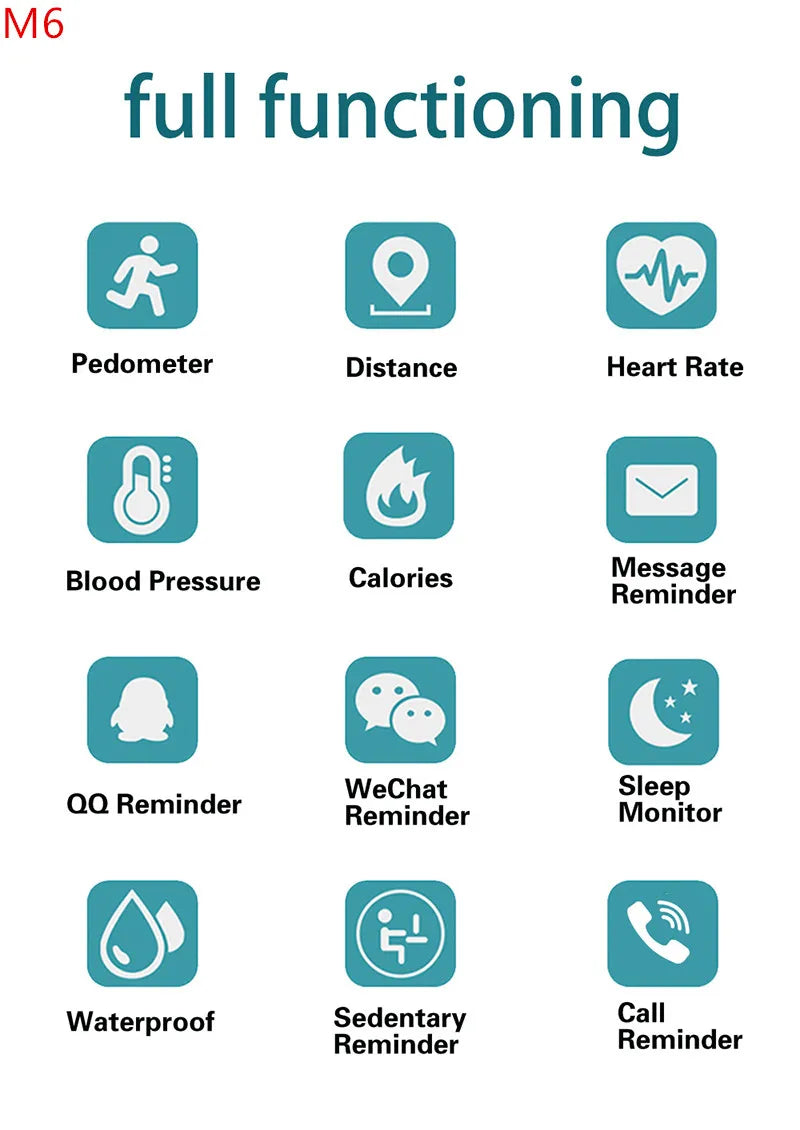 Pulsera inteligente multifunción, monitor de ritmo cardíaco y presión arterial, podómetro, música, monitorización del sueño, reloj deportivo inteligente M6