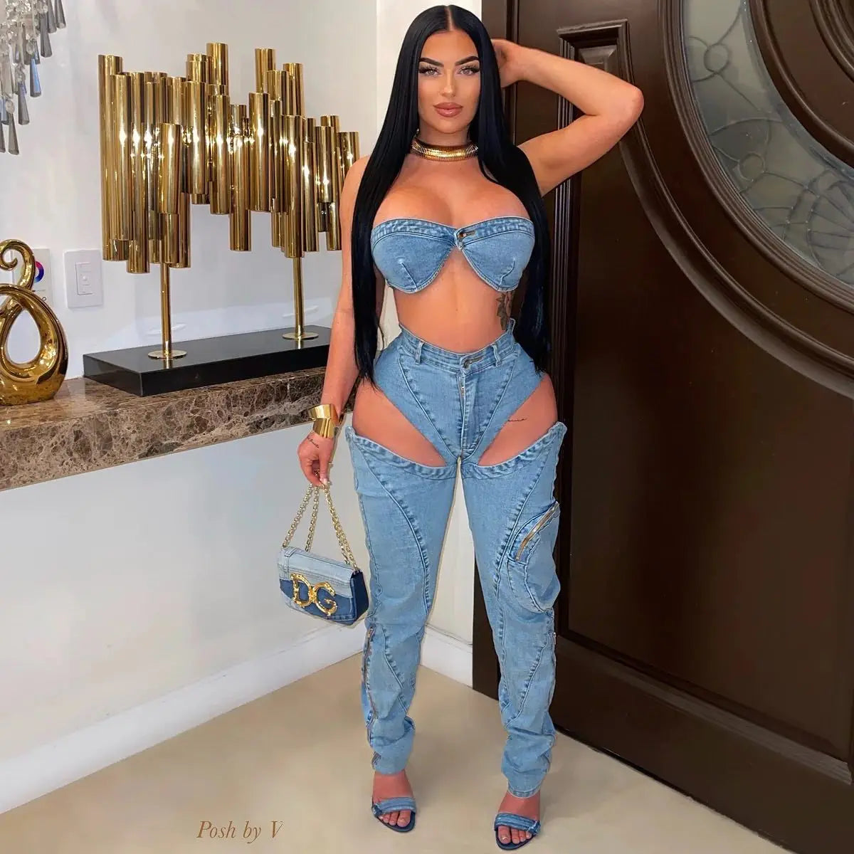 Conjuntos de pantalones de mezclilla para mujer Ropa de calle sexy Conjunto de dos piezas Top sin mangas con envoltura en el pecho sin espalda Jeans calados