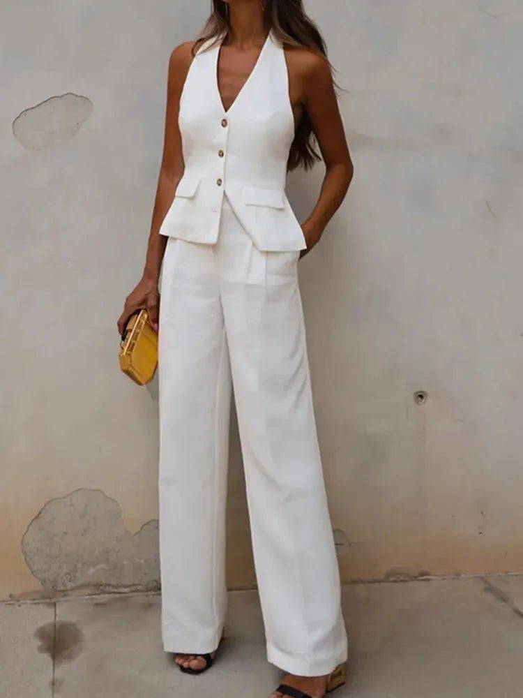 MUJER Women Pants Sets Off Shoulder Sleeveless Vest Top Woman Wide Leg Pants Women 2 Piece Set Outfit Elegant Women's Pants Suit