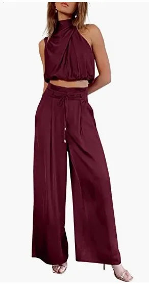 Ensemble deux pièces pour femme, pantalon ouvert au nombril, haut sans manches en soie plissée, pantalon large, ensemble assorti d'été 2024