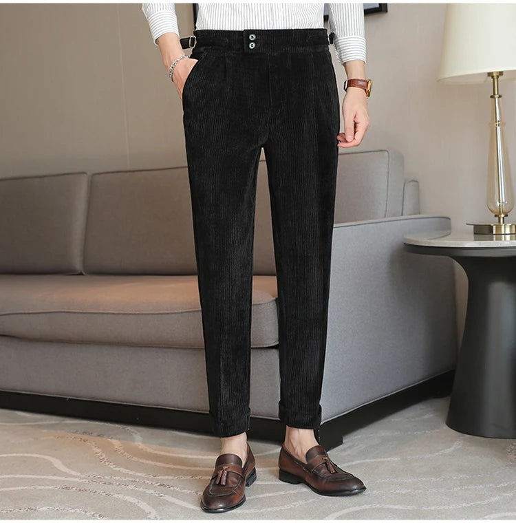 Nuevo pantalón informal de cintura alta de felpilla napolitana de lujo ligero para hombres, pantalón de vestir para hombres de ajuste delgado con sensación premium, pantalón