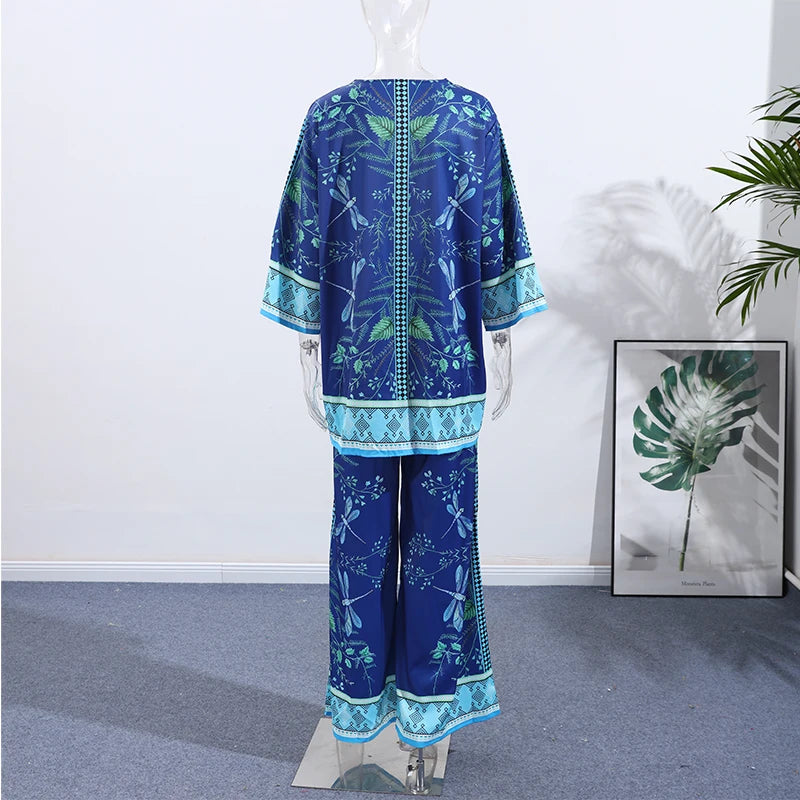 Conjunto de pantalones largos estampados para mujer, elegante camisa de manga larga con cuello en V, pantalón ancho holgado, traje de verano de 2 piezas para mujer, estilo urbano