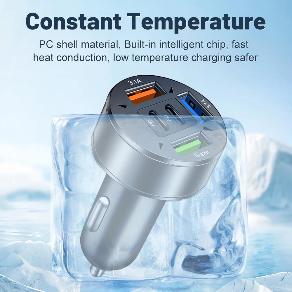 250W 5-Port Car Charger PD QC3.0 USB C Fast Charging Car Phone Adapter With LED Voltage Display For iPhone Samsung Huawei Xiaomi