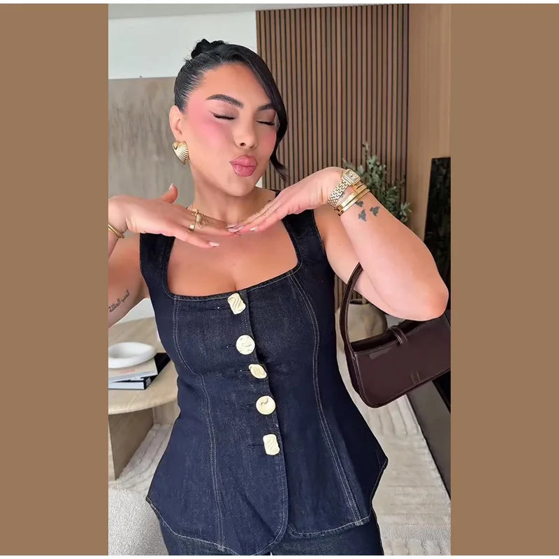 Conjunto de Top y Pantalón de Mezclilla Vintage para Mujer Cuello Cuadrado Camiseta sin Mangas con Botones Vaqueros de Talle Alto Conjuntos Femeninos Moda Y2k 2025 Atuendos de Mezclilla