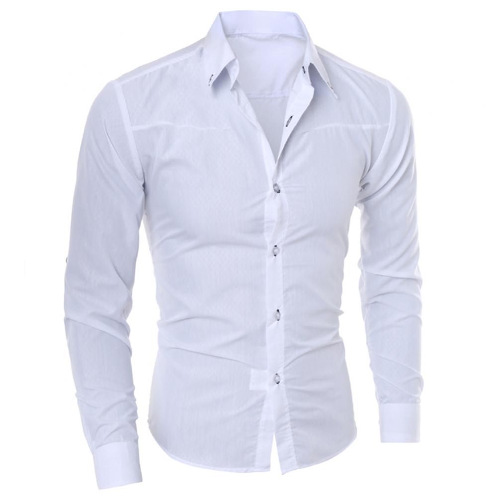 Camisa de vestir de negocios para hombre, de lujo, informal, social, formal, con solapa, manga larga, corte ajustado, color liso