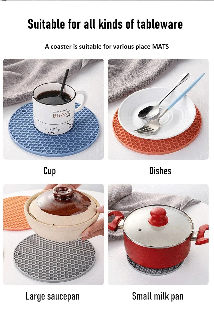 Set de table multifonctionnel en silicone pour la cuisine, dessous de verre rond antidérapant et résistant à la chaleur, manique