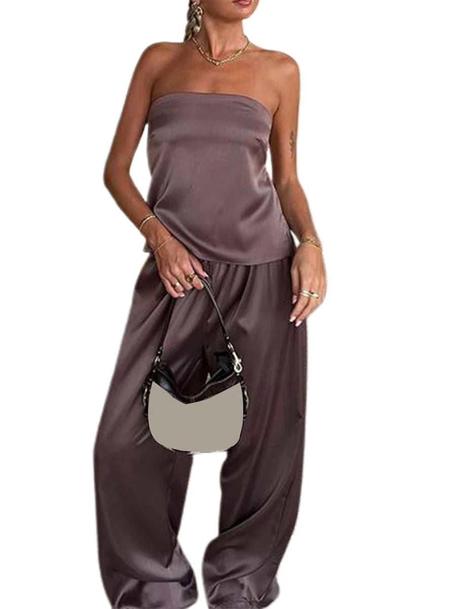 Women Satin Tube Top Pants Set 2 Piece Backless Lace Up Crop Tops Wide Leg Pants Y2k Coquette Clubwear Party Matching Outfits