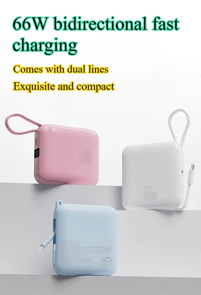 10000 mAh powerbank 22,5 W superrask lading, kompakt og bærbar med egen kabel, Mini 3C-sertifisert mobil strømforsyning.