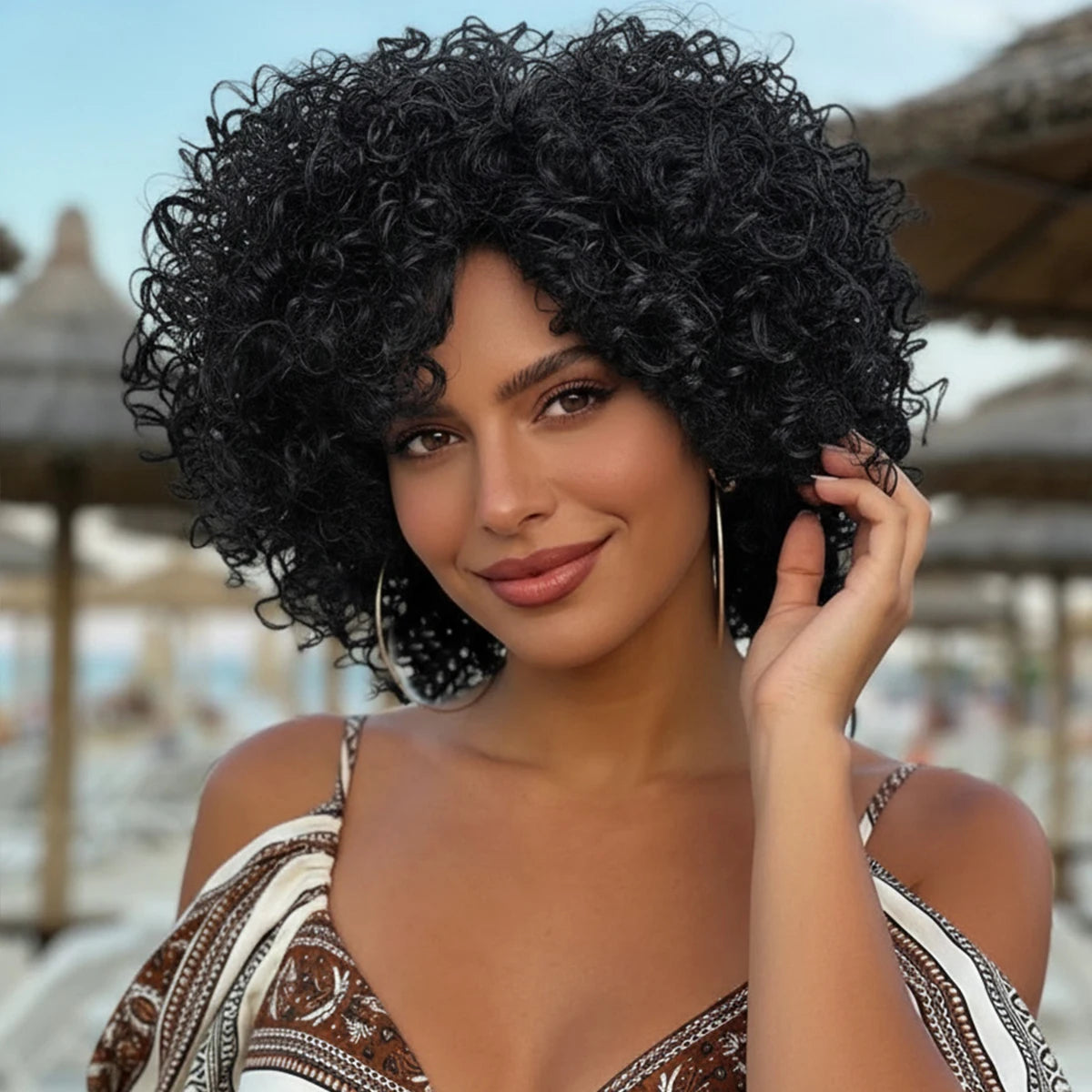 12 Inch Curly Wigs for Women Natural Black Synthetic African American Full Kinky Curly Afro Hair Wig with Bangs