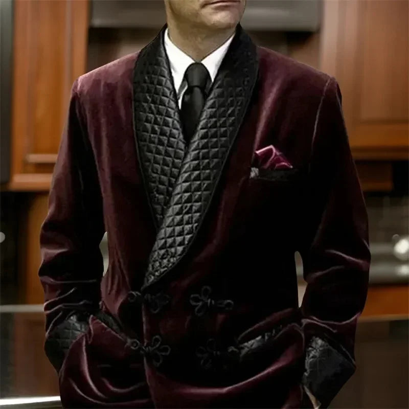 1 pieza de chaqueta de traje de hombre larga para boda, solapa de chal, esmoquin de terciopelo, blazer para cena, abrigo, listo para enviar