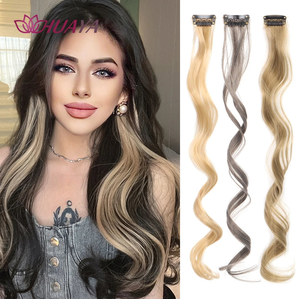 HUAYA Synthetic Long Curly Women Heat Resistant Clip In Hair Extension Hairpiece Gold Grey Purple Pink Red Colorful Extension