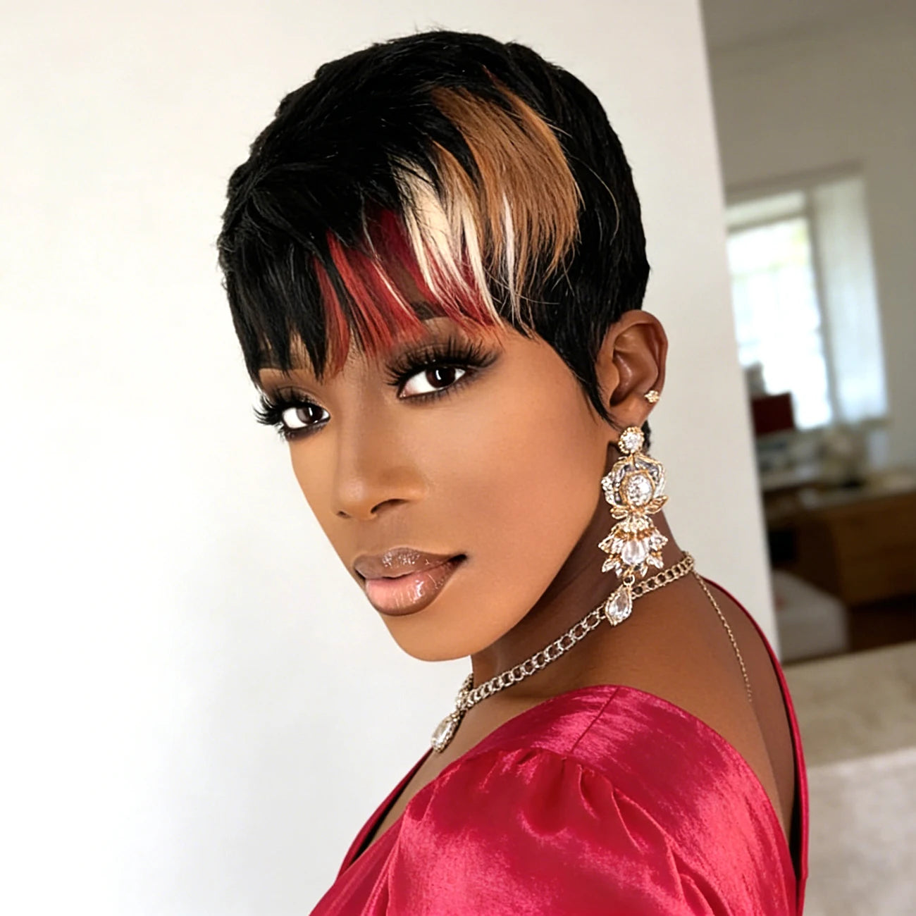 Perruque courte Pixie Cut avec mèches - Cheveux humains 1b/Rouge/613/30# - Perruques pour femmes - Perruque entièrement faite à la machine