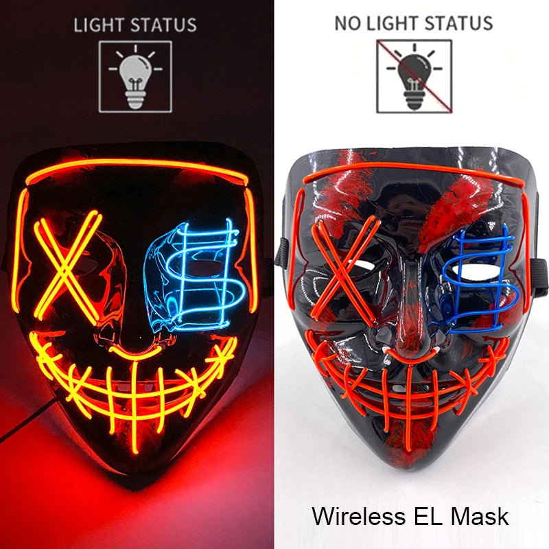 Máscara de purga LED de neón inalámbrica, que brilla en la oscuridad, máscara de cosplay de terror para Halloween, máscaras de fiesta de disfraces, accesorios luminosos divertidos