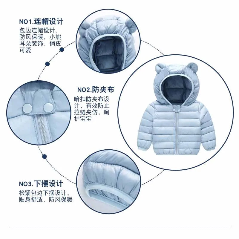 Abrigo de plumón de invierno para bebés, chaqueta de dibujos animados para niños y niñas, ropa de abrigo con capucha cálida para niños, nueva ropa de algodón ligero de otoño, top casual para niños