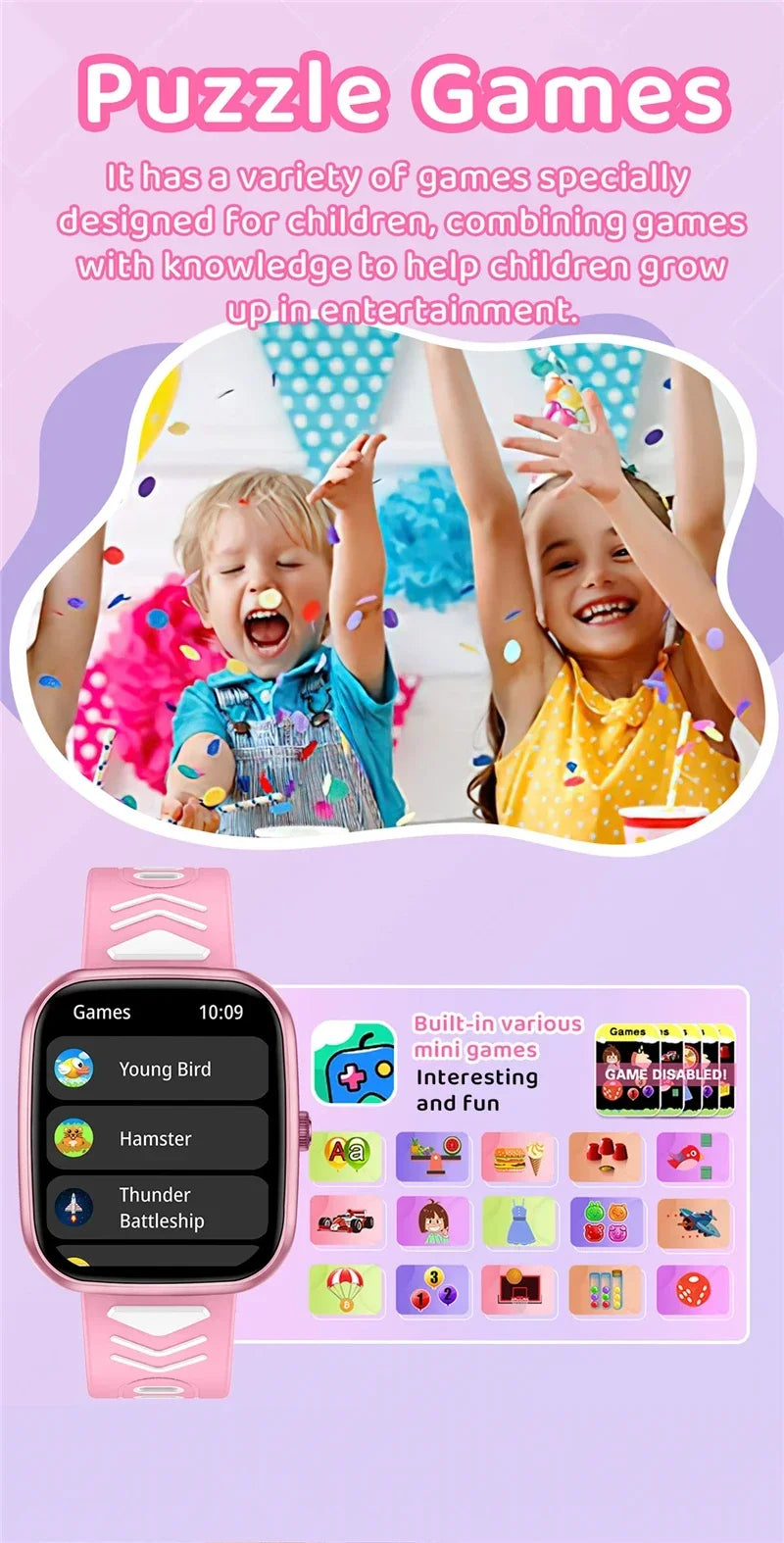 Montre connectée pour enfants, écran tactile HD, fréquence cardiaque, jeux, musique, cadeau pour garçons et filles, pour iOS et Android