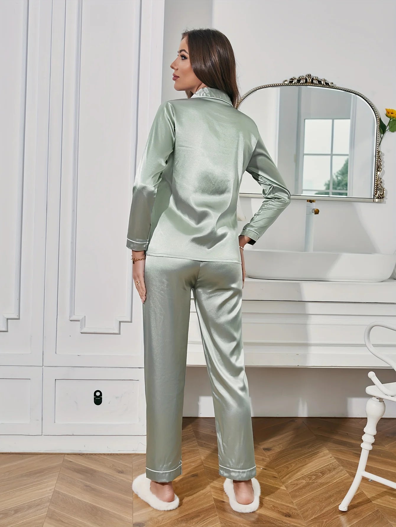 Conjunto de pijama liso de manga larga con botones y cuello tipo solapa, top y pantalones, conjunto de ropa de dormir y de estar para mujer