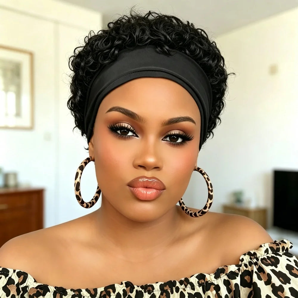 Short Curly Headband Wig Human Hair, Curly Half Wig, full machine made wig Human Hair Headband Wigs for Women