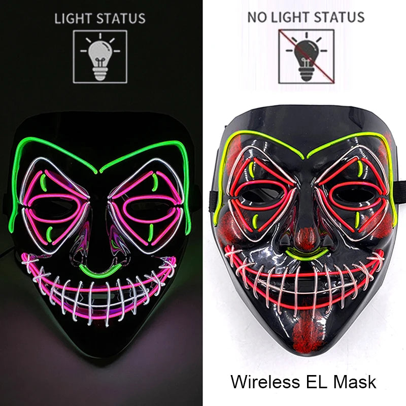 Máscara de purga LED de neón inalámbrica, que brilla en la oscuridad, máscara de cosplay de terror para Halloween, máscaras de fiesta de disfraces, accesorios luminosos divertidos