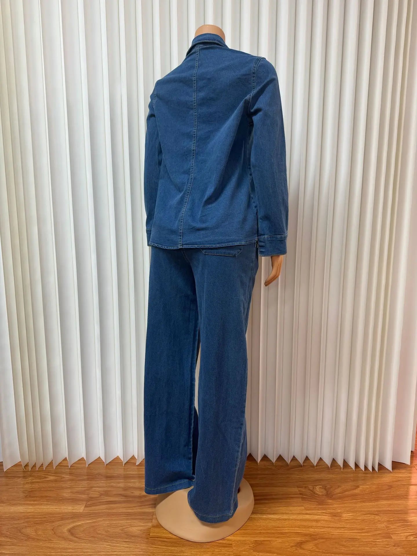 Conjunto de pantalón de mezclilla para mujer, dos piezas, cuello vuelto, camisa de jeans para mamá, tops, pantalones largos de pierna ancha, pantalones rectos, ropa de calle Y2k