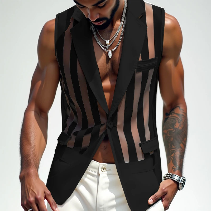 Men Vests Mesh Striped Transparent Sexy Lapel Sleeveless One Button Male Waistcoats Streetwear 2025 Fashion Casual Vests INCERUN