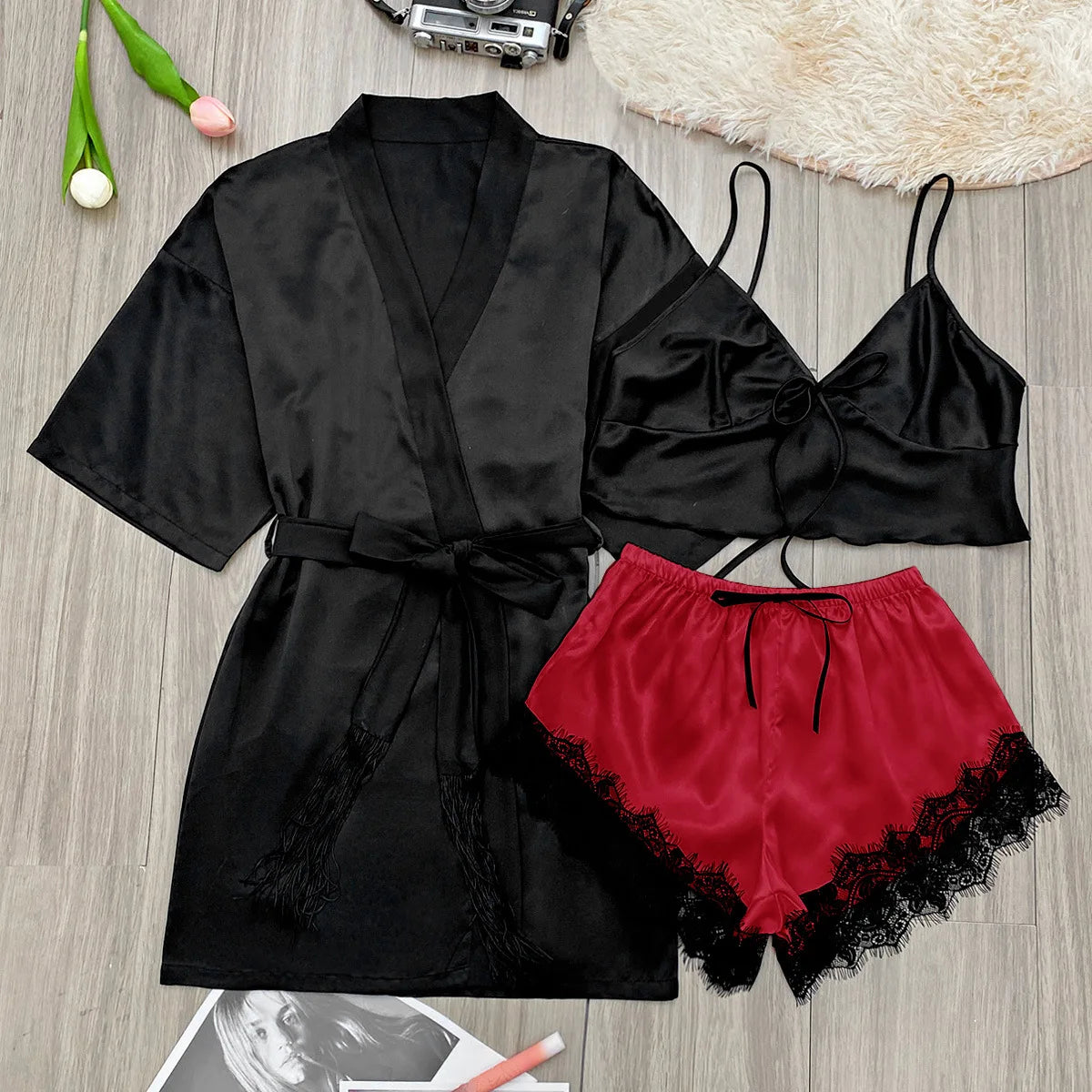 Women's Pajamas Set Satin Summer 3-Piece V-Neck Tank Tops Shorts Robe Sexy Comfortable Sleepwear Set Loungewear of Women 