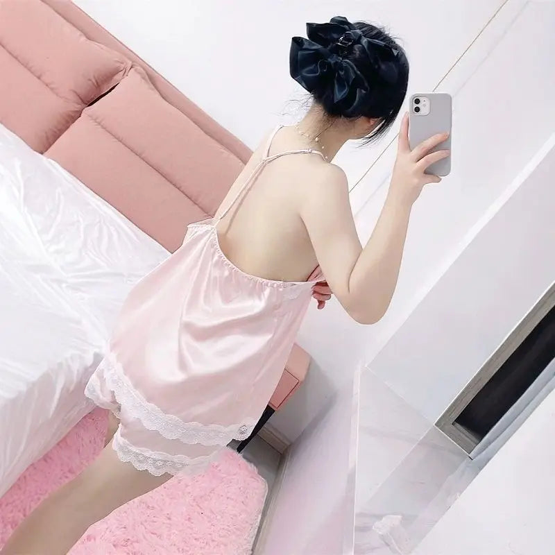 Conjuntos de pijama Y2K para mujer, ropa de hogar sexy de verano, talla grande, de seda fresca, suelta, elegante, con cuello en V y encaje, conjunto de dos piezas