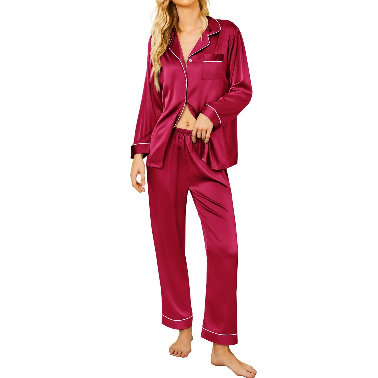 Pijama de seda para mujer, sexy, conjunto de pijama de seda para mujer, ropa de dormir, cárdigan de manga larga, de seda de hielo para casa, pijama de mujer verano 2025
