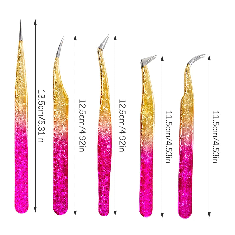 Pinzas para extensiones de pestañas de acero inoxidable de color degradado, pinzas de precisión antiestáticas, herramienta para extensión de pestañas