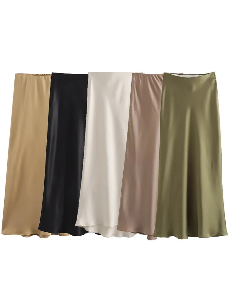 Willshela Falda de satén negra para mujer, falda larga elegante de cintura alta para mujer, falda midi de moda de verano, faldas de oficina para mujer