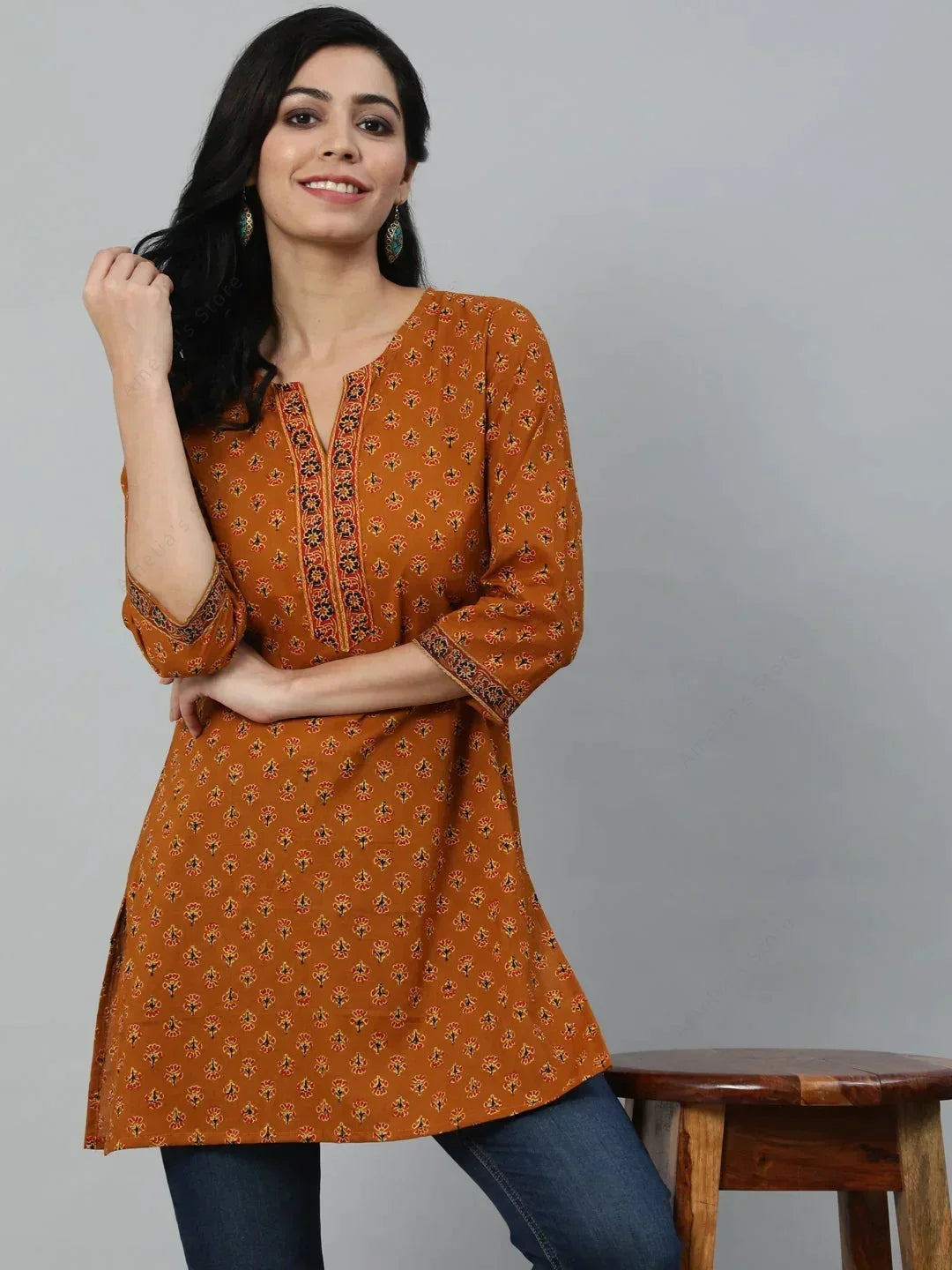 Indian Ethnic Women's Printed Kurta Top Lightweight Flannel Cotton with Three-Quarter Sleeves 4 Color Options India Dress