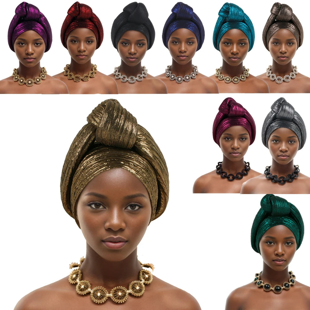 Glitterstoff knyttet turbanhette for kvinner afrikansk auto gele hodeplagg Nigeria festhodeplagg turbante mujer