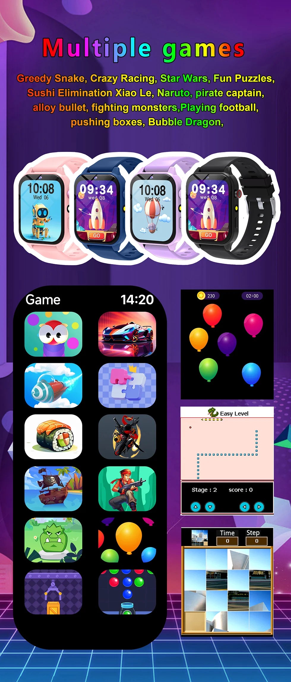 Montre connectée pour enfants, écran tactile HD, caméra, 18 jeux, surveillance du sommeil, réveil, calculatrice, cadeau d'anniversaire pour garçons et filles