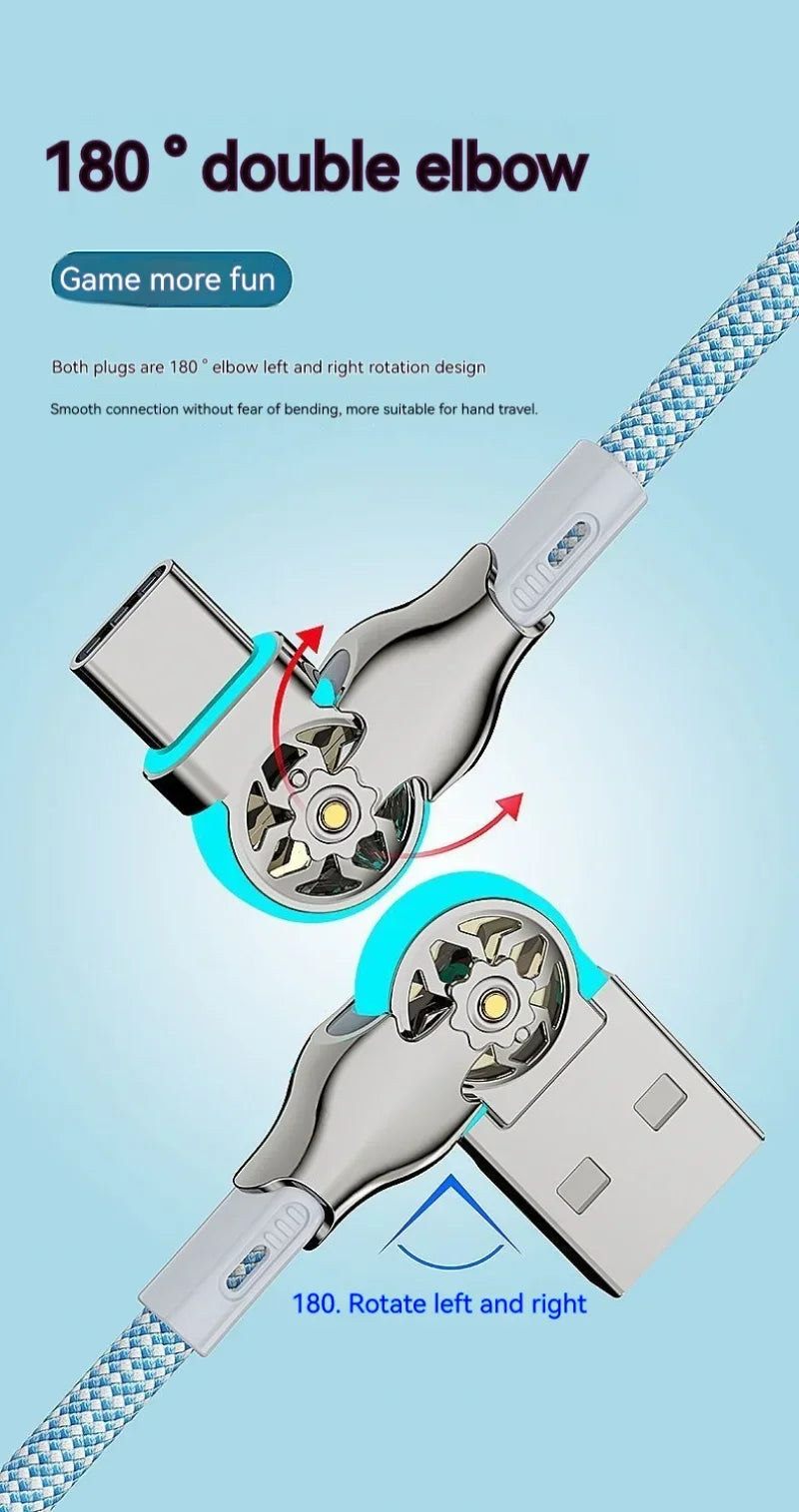 Cable de carga rápida con rotación dual de 180° Tipo C Micro USB Cargador con luz Aleación de zinc Cable de datos trenzado para Android iPhone