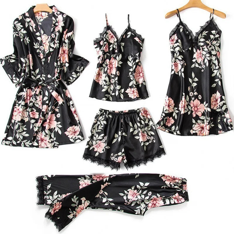 Pijama para mujer verano sexy pijama conjunto de cinco piezas pijama de tirantes para mujer ropa de casa con almohadilla para el pecho bata