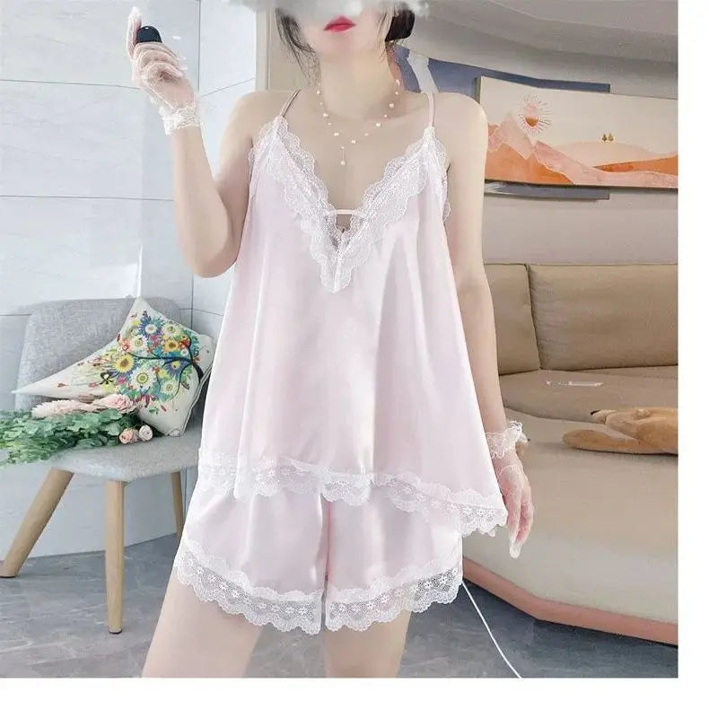 Conjuntos de pijama Y2K para mujer, ropa de hogar sexy de verano, talla grande, de seda fresca, suelta, elegante, con cuello en V y encaje, conjunto de dos piezas