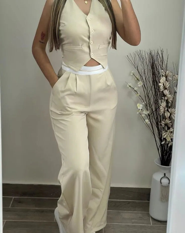 Elegant Two Piece Sets For Women Summer Buttoned Vest Top & Pocket Decor High Waist Wide Straight Leg Pants Set Streetwear