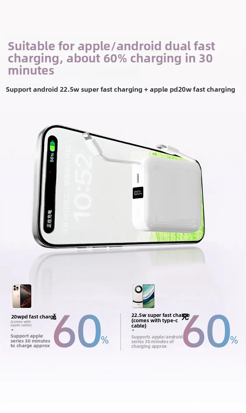 10000 mAh powerbank 22,5 W superrask lading, kompakt og bærbar med egen kabel, Mini 3C-sertifisert mobil strømforsyning.