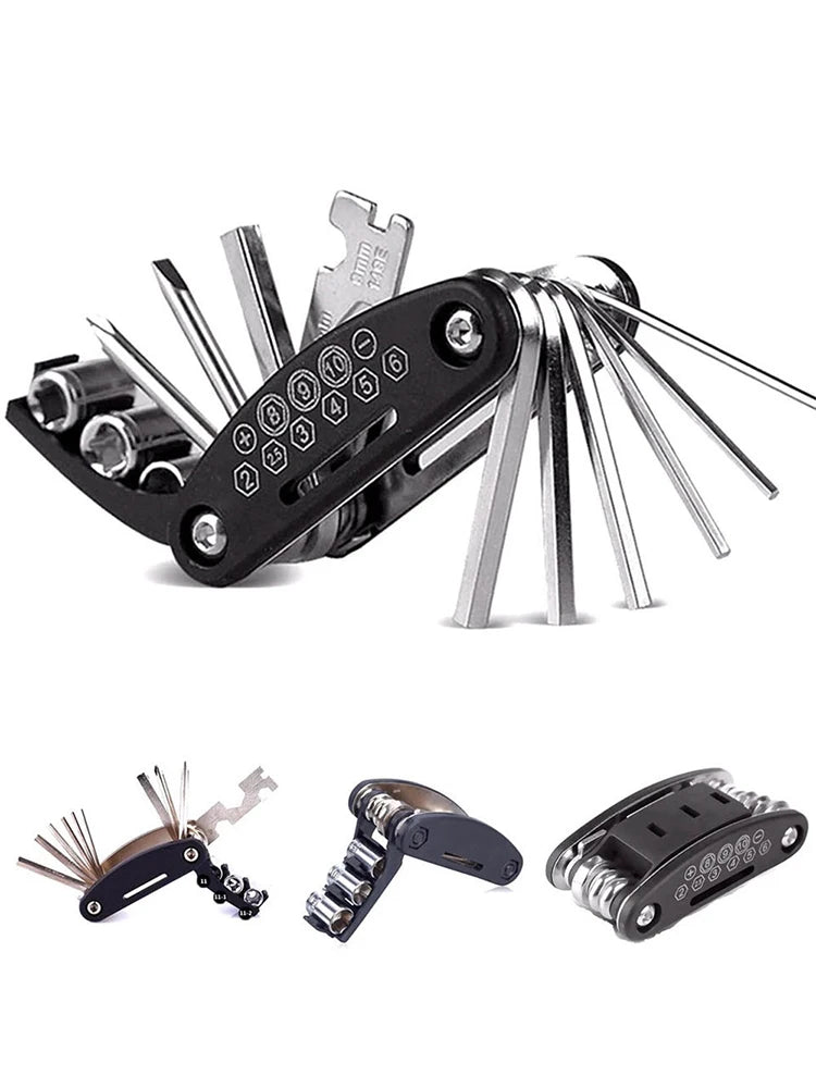 Kit de herramientas portátiles de reparación de bicicletas 16 en 1 Llave hexagonal Tuerca Destornillador para neumáticos Herramientas de reparación de motocicletas y bicicletas